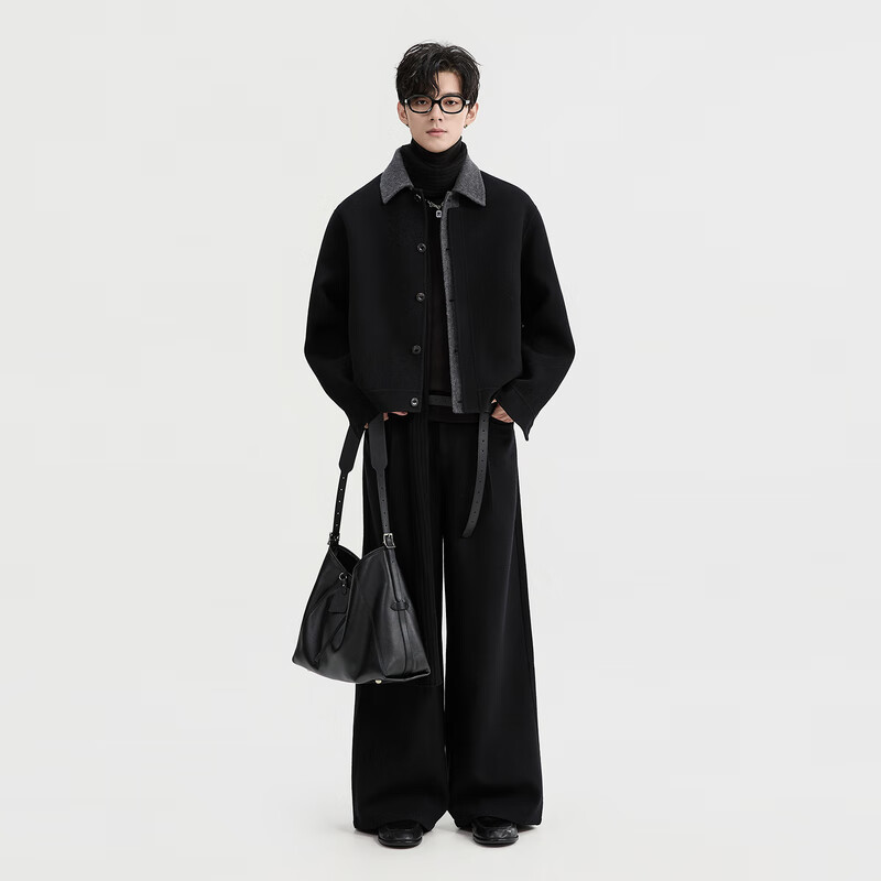 Earl Zall Goose Down Lined Full Wool Contrast Color Winter High-Quality Double-sided Woolen Jacket Men's Short Woolen Jacket