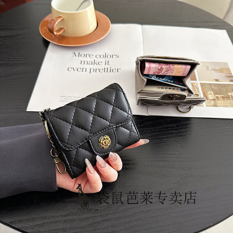 Kangaroo Xiaoxiangfeng 2025 New Camellia Diamond Wallet Women's Short Ins Coin Purse Fashion Simple Key Bag Black