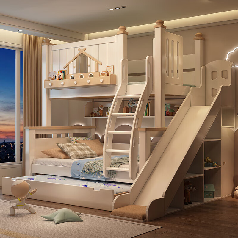 Fenlis all solid wood bed and bunk bed, children's bed, high and low beds do not interfere with each other, double bed and double bed with high guardrails, high and low bed + bookshelf + double drawers + ladder cabinet, bottom bunk 1.5*1.9 meters, upper bunk 1.2*1.9 meters