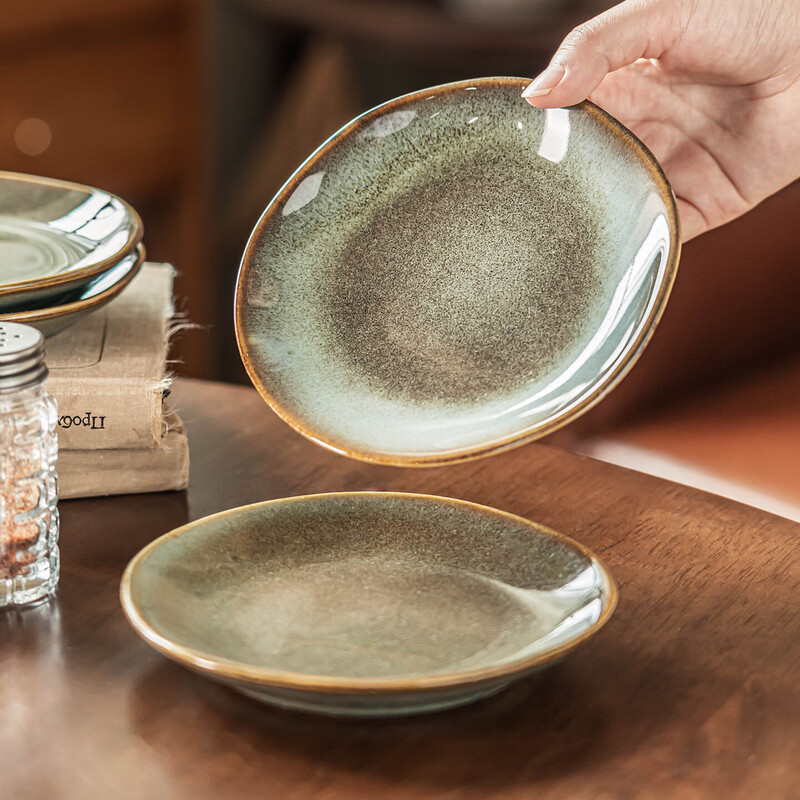 Bone plate household Japanese tableware retro style creative ceramic special restaurant personalized round plate dessert plate Qingxin-bone plate kiln turned green (slightly flawed) 1 piece 5.5 inches