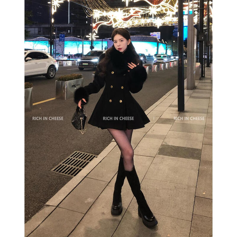 RICH IN CHEESE Shu Hulei, a well-known daughter, fur collar double-breasted quilted woolen coat for women, winter waist slimming fashionable coat, black (fur collar and cuffs are detachable) S (within 100 pounds)