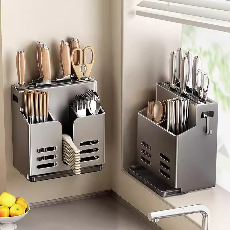 Jibaiju kitchen storage rack wall-mounted punch-free chopstick tube kitchen knife spoon chopsticks all-in-one multi-functional kitchen storage rack