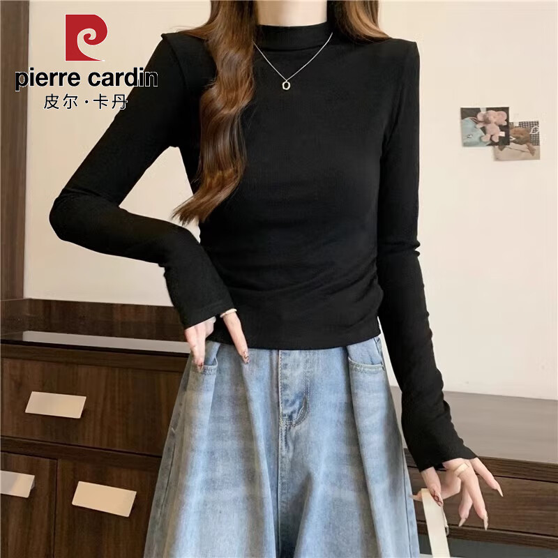 Pierre Cardin short German velvet half turtleneck bottoming shirt for women with autumn and winter slim long-sleeved T-shirt pleated top trendy ins black - autumn and winter plus velvet version thick section M