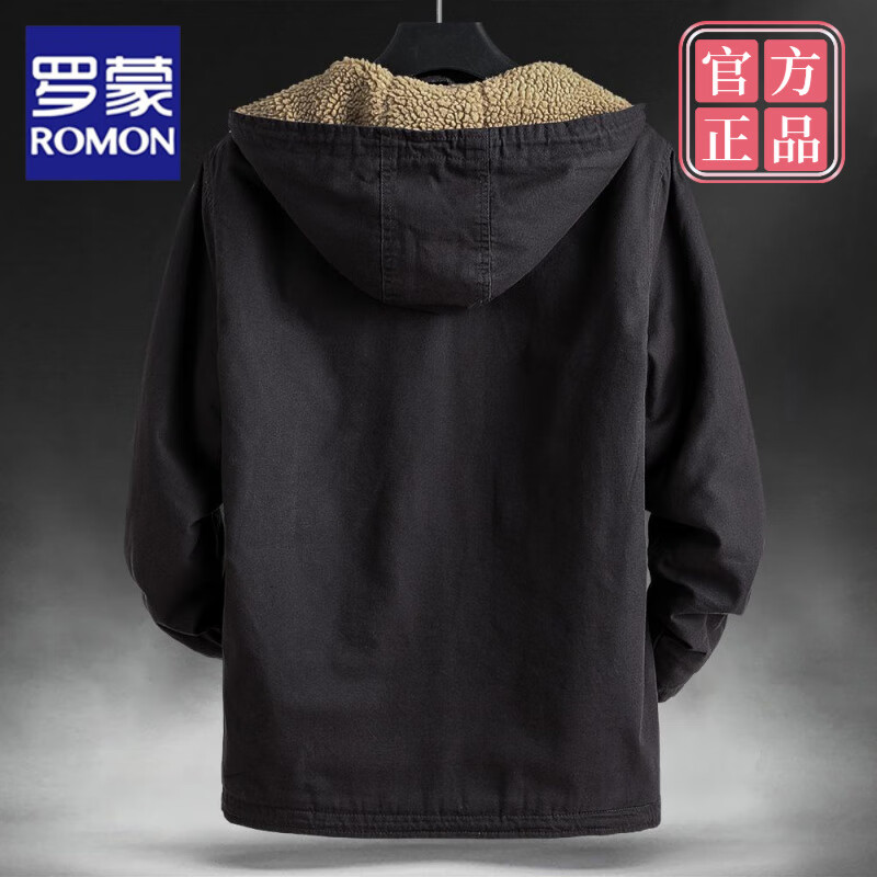 ROMON lamb velvet cotton coat for men in winter plus velvet thickened loose large size cotton jacket trendy warm hooded cotton jacket 1883 black plus velvet M 95-110 catties