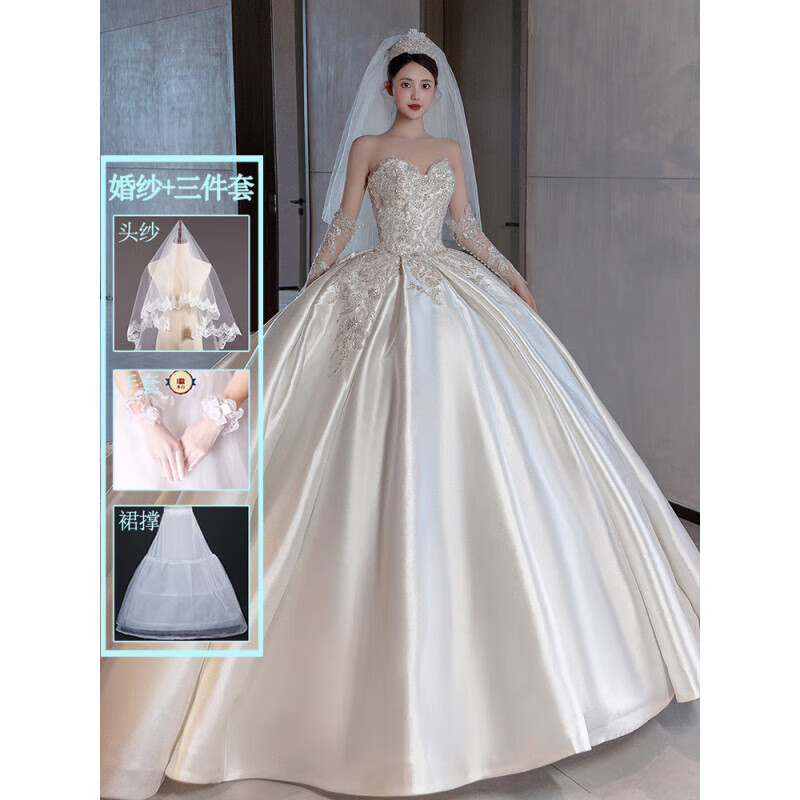Ovivo satin wedding dress 2025 petite bride main yarn French retro tube top texture wedding dress white floor-length style <wedding dress + 3-piece set> M