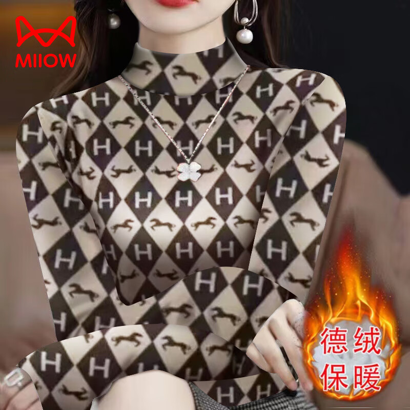 MiiOW half-turtle collar German velvet bottoming shirt for women in autumn and winter new fashion printed long-sleeved T-shirt large size slim warm top for women B11 Bear M recommended 80-100 pounds