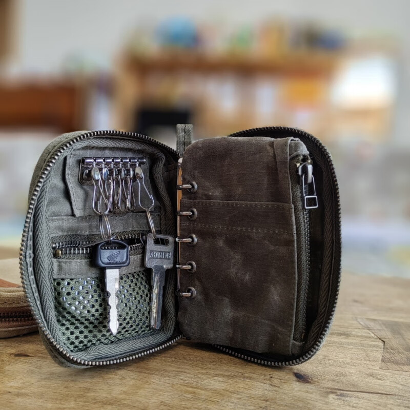 DL Fat Donglai's same vintage oil wax key bag handmade canvas storage bag zipper A8 loose-leaf note card slot black