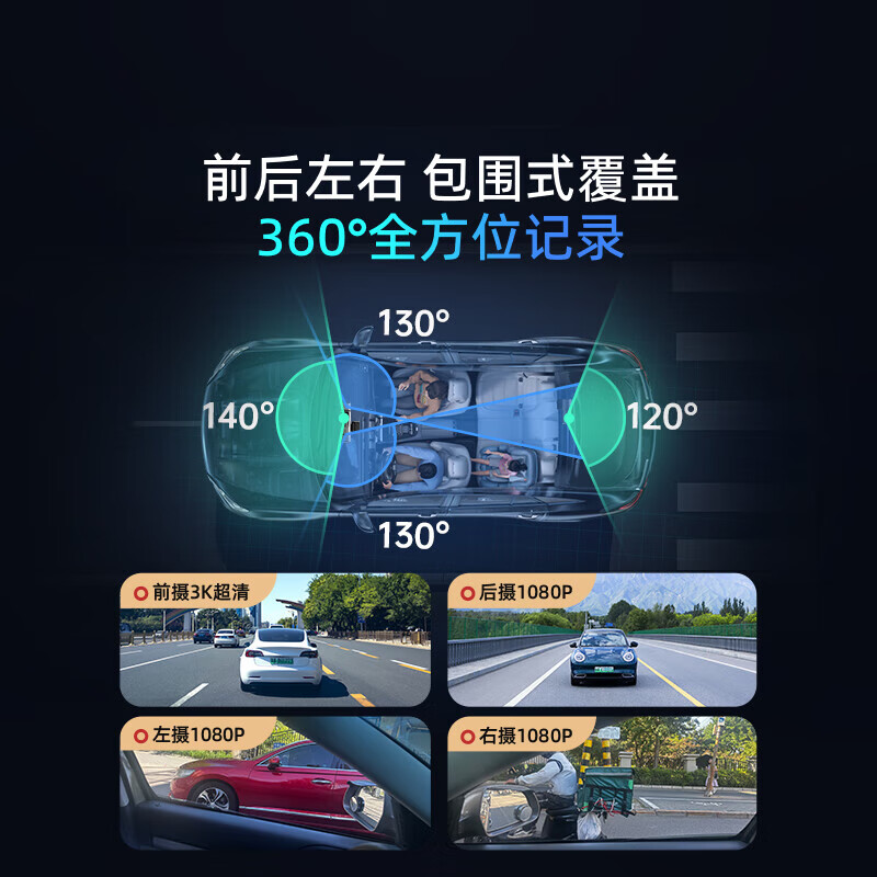 360AI driving recorder G980 multi-camera version 360 panoramic large screen 3K ultra-clear night vision built-in GPS positioning G980 three-camera version 64G card + C-port original cable