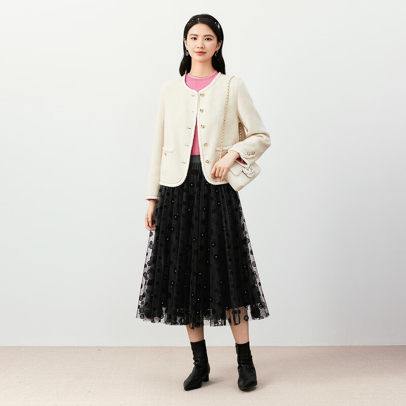 Coletier Winter Temperament Short Wool Wool Jacket Women's French Elegant Round Neck Commuting Top White M