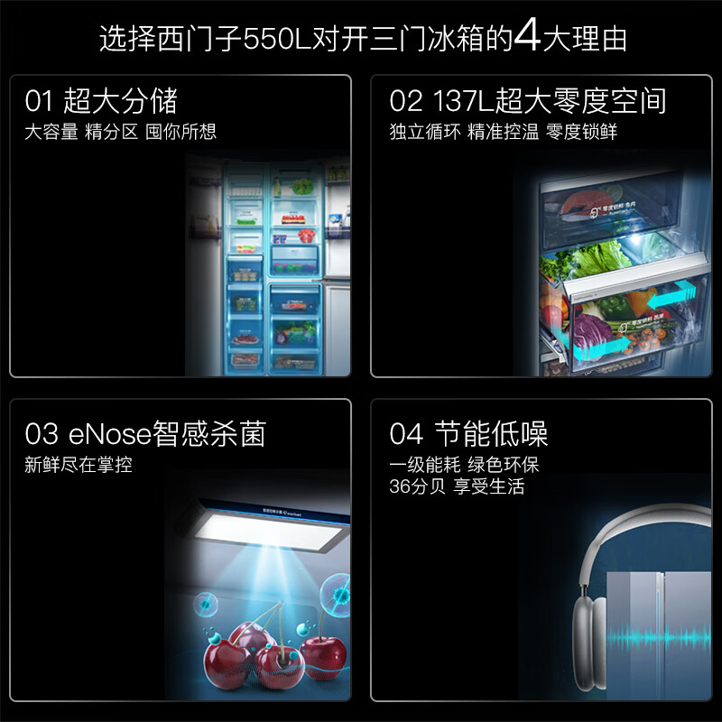 SIEMENS 550-liter split-door three-door household refrigerator with large capacity, first-class energy efficiency, intelligent 24H sterilization, zero-degree freshness, intelligent eNose, independent dual cycle KT574191AC