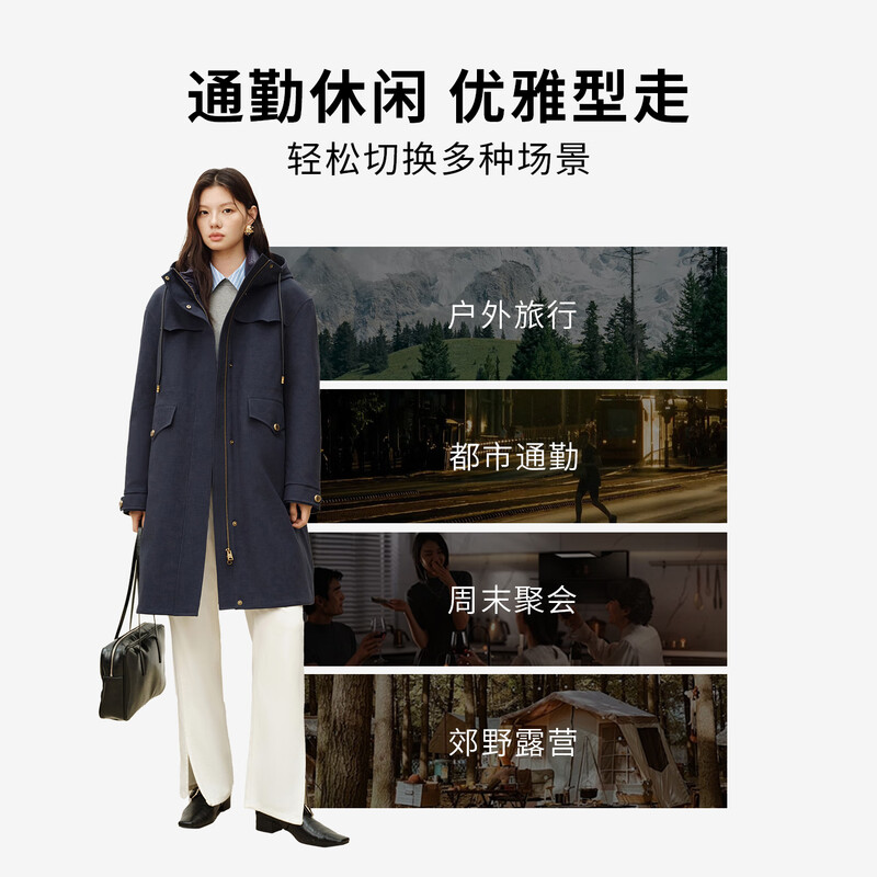 Elaiyi Fashion Goose Down Jacket Women's Autumn and Winter Mid-Length Outdoor Retro Hooded Workwear Warm New Year Jacket Eclipse Blue M