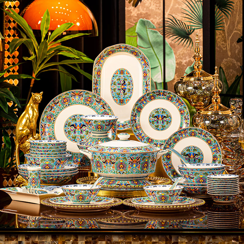 NINE CRANES high-looking enamel bowl set Jingdezhen bowl and plate set high-end housewarming gift bone china tableware set 30 pieces with large soup bowl | high-end brocade box | Earl's Garden