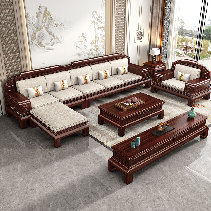 Muyouting Wujin wood new Chinese style all solid wood sofa living room winter and summer dual use simple log sofa small apartment combination set 1+2+3+ coffee table