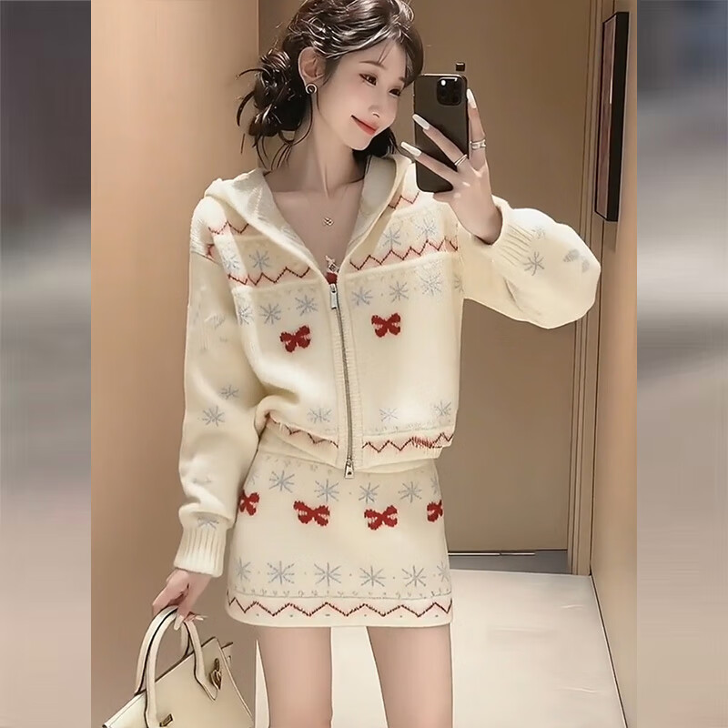 Koranna Christmas skirt autumn and winter white knitted sweater suit for women 2025 new style lazy style top and skirt two-piece set white suit one size (80-130 pounds)