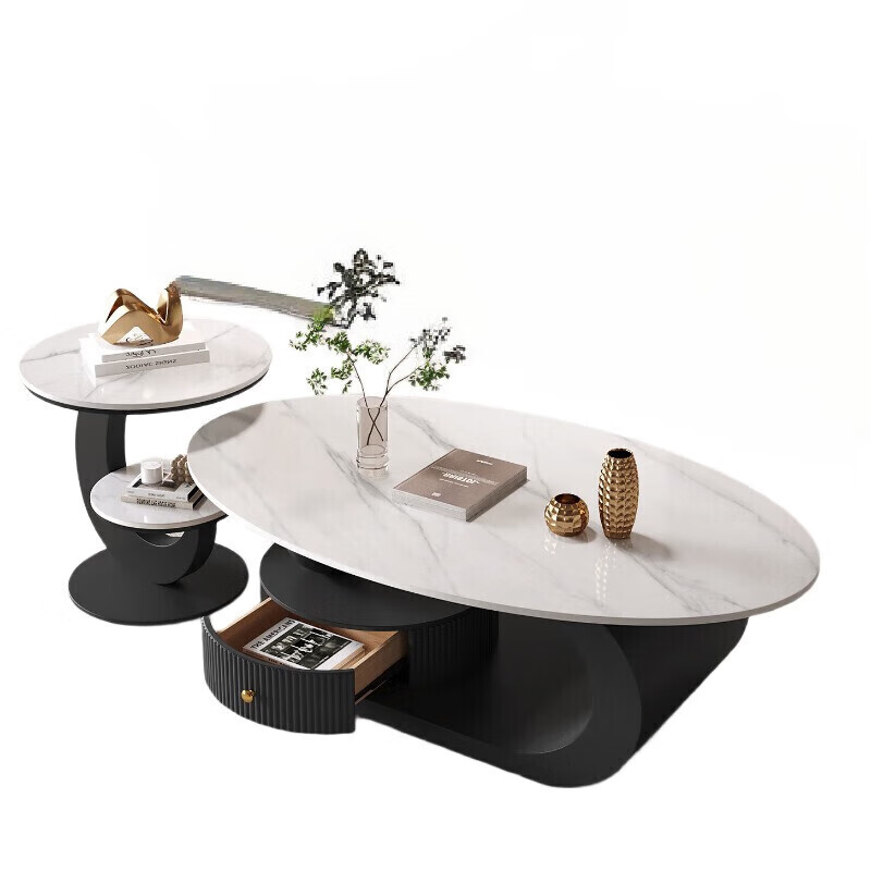 Cream style light luxury slate oval coffee table small apartment modern simple minimalist living room home high-end design black + fish belly white 120 single coffee table