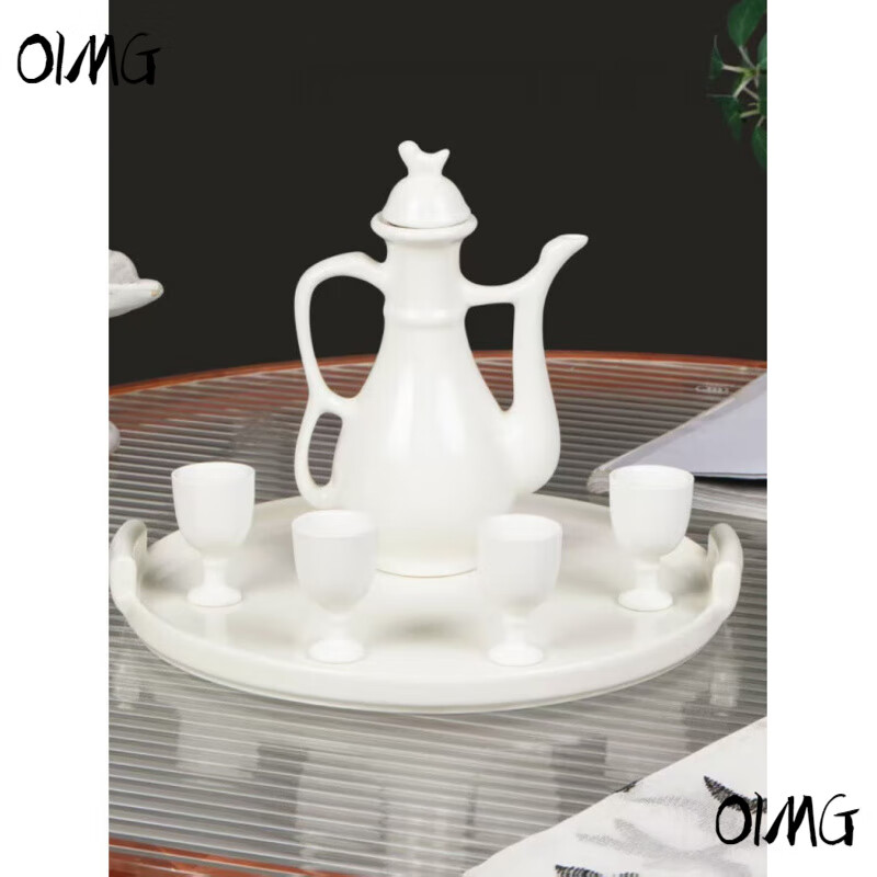 OIMG Jingdezhen wine warmer candle holder heating household ceramic wine set yellow and white wine hot pot wine divider wine pot bamboo base wine warmer set + candle iron shell (three money cup)