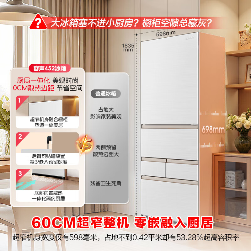 Rongsheng Xiaonuomi 452L French-style five-door refrigerator, ultra-thin zero-embedded small-sized automatic ice making, first-class energy efficiency, air-cooled, frost-free, white, independent ultra-clean ice making + active sterilization 2.0 + Japanese style five-door