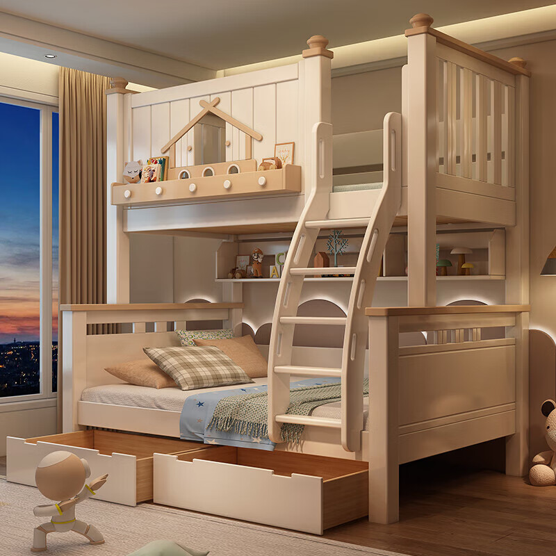 Fenlis all solid wood bed and bunk bed, children's bed, high and low beds do not interfere with each other, double bed and double bed with high guardrails, high and low bed + bookshelf + double drawers + ladder cabinet, bottom bunk 1.5*1.9 meters, upper bunk 1.2*1.9 meters