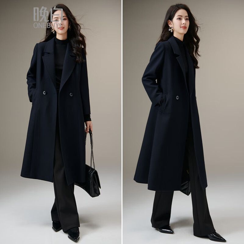 Late White New Product Winter Fashion Retro Mid-Length Coat Crisp and Slim Wool Jacket for Women Dark Blue XL