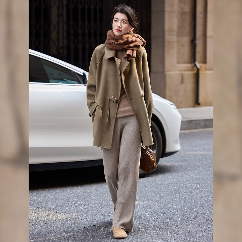 Bailuyu temperament 100% wool coat 25 new winter suit collar simple mid-length double-sided woolen coat for women khaki green L