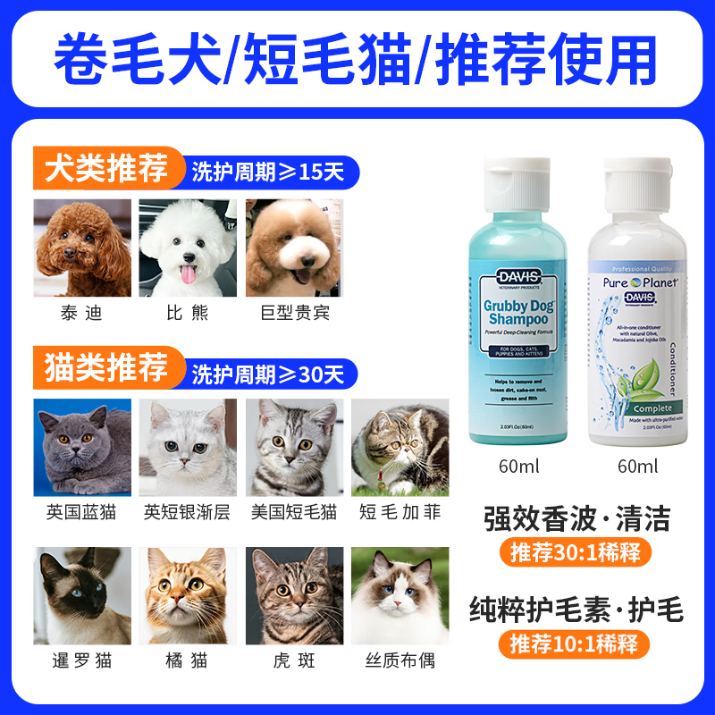 DAVIS Davis Pets decontamination fluffy travel size dog and cat shower gel conditioner bath set 2 bottles 60ml