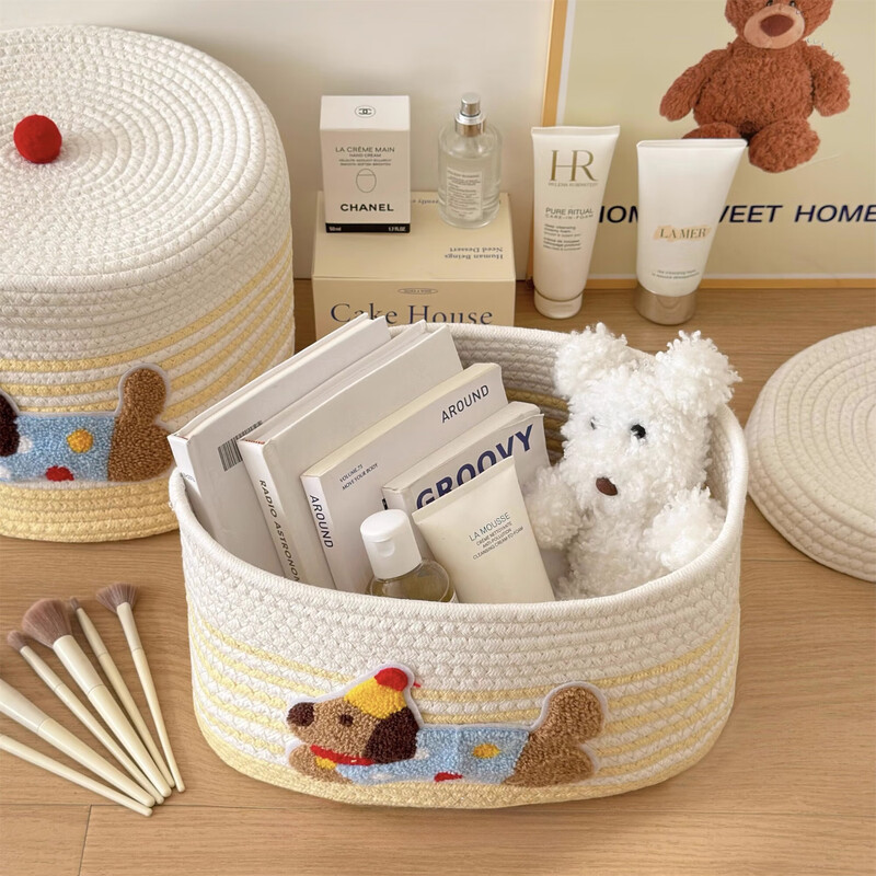 Fanye's polka-dot puppy woven storage basket household dust-proof covered snacks and miscellaneous storage basket large-capacity toy storage box