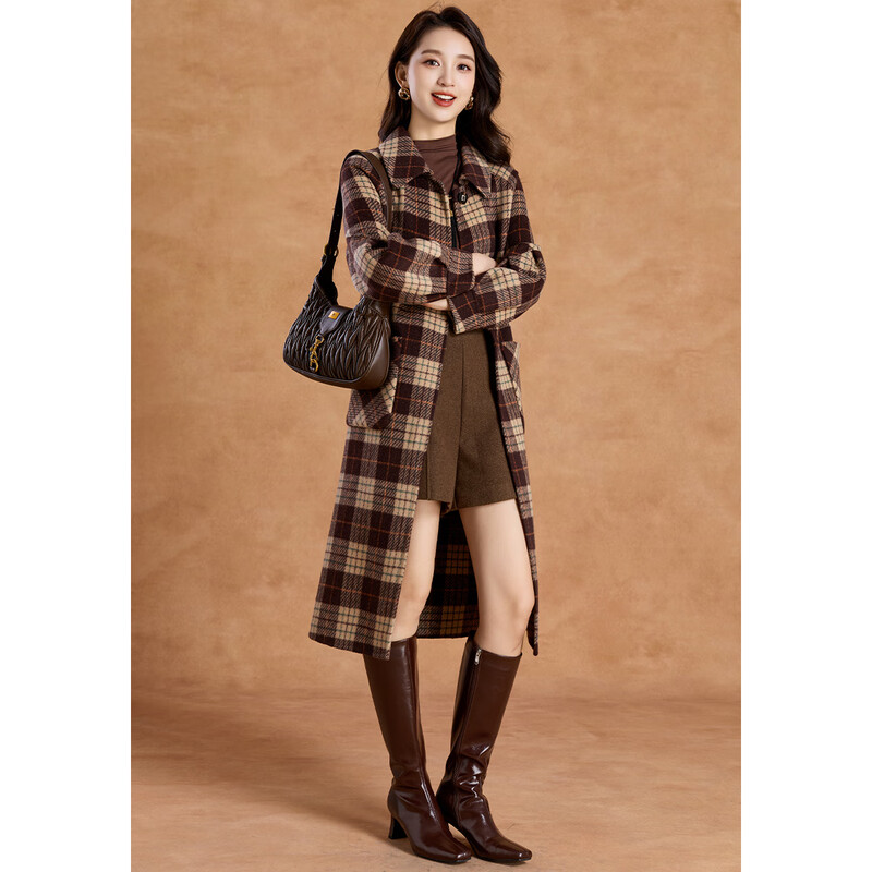 Kebel high-end retro plaid atmosphere coat women's 2025 new autumn and winter temperament mid-length woolen coat L