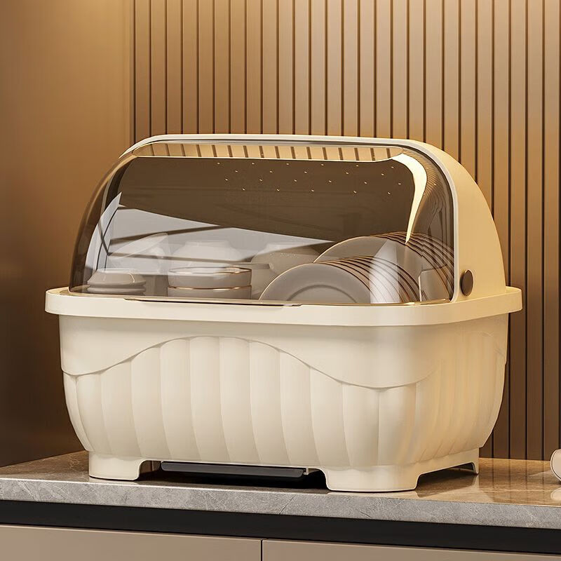 Popular model on the Internet Kitchen tableware storage box cupboard drawer-type storage rack with cover for dishes and dustproof food-grade bottle material 34*26*26cm cream yellow can hold 12 bowls or 10 plates