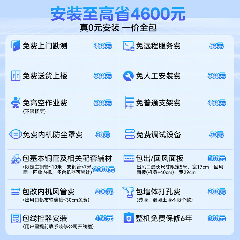 Haier 15% off when placing an order. Central air conditioner produced by Zhijia, one to four, one to three, full DC frequency conversion, first-class energy efficiency, intelligent IoT self-cleaning leader Yuanqi 6 HP, one to five, three rooms and two living rooms, 120 double fans