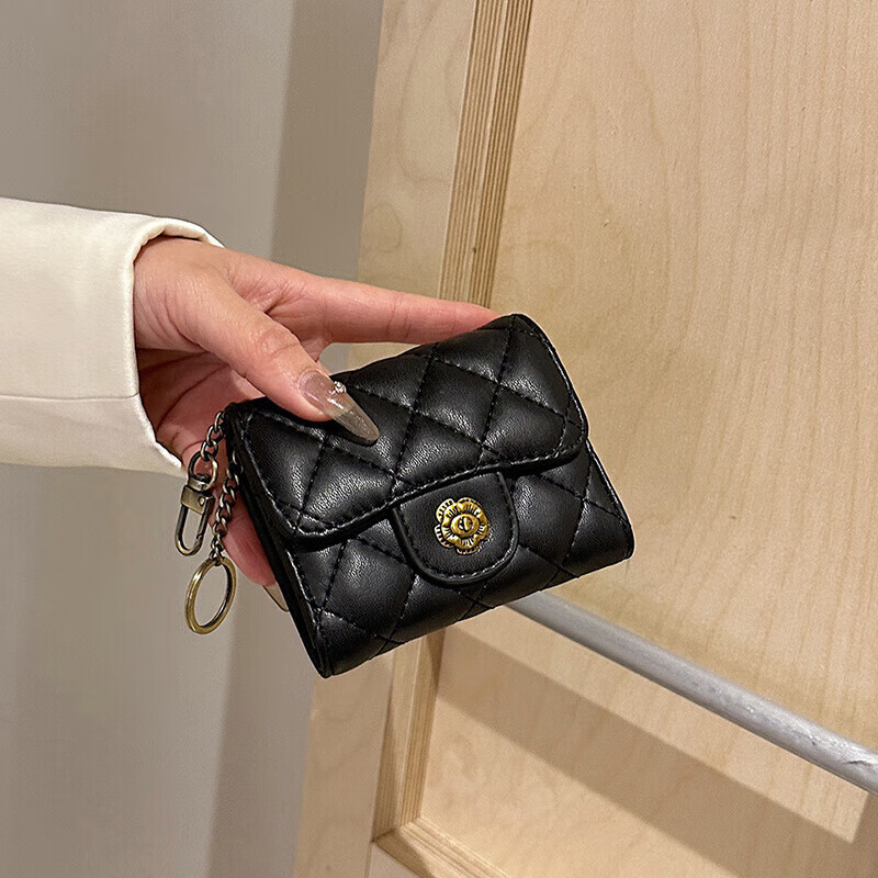 Kangaroo Xiaoxiangfeng 2025 New Camellia Diamond Wallet Women's Short Ins Coin Purse Fashion Simple Key Bag Black