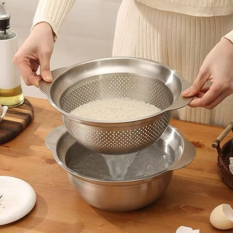 Qinkai 304 stainless steel basin double-layer kitchen household double-ear thickened drain basket kneading basin baking basin and dough beating basin 25cm two-piece set double-ear basin leaky basin + solid basin discount