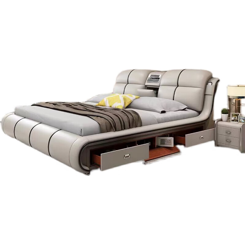 He Jiagong Leather Bed Multifunctional Electric Massage High Box Storage Double King Bed Master Bedroom Luxurious Soft Cover Wedding Bed Tatami Low Version Single Bed Without Mattress Bedside Table (Reactive 1500mm*2000mm Bracket Structure