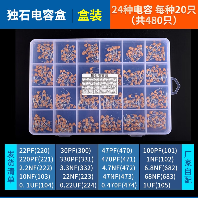 ZAVE various electronic component capacitor packs with optional electrolytic monolithic monolithic capacitor boxes, 24 types, 20 each, 480 pieces in total