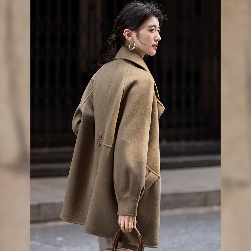Bailuyu temperament 100% wool coat 25 new winter suit collar simple mid-length double-sided woolen coat for women khaki green L