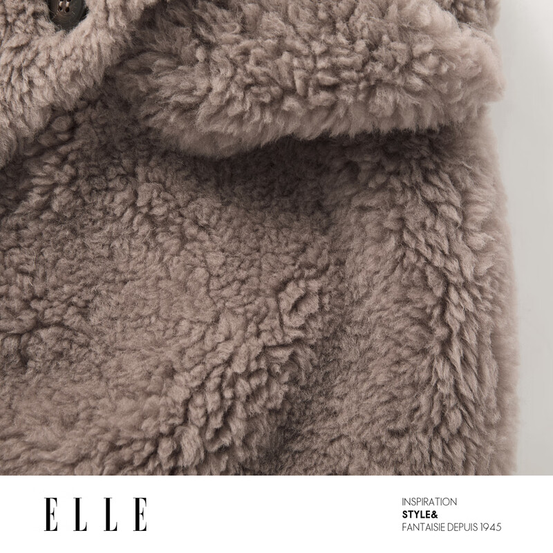 ELLE 100% Sheep Wool French Design Stand Collar Plush Jacket Women's 2025 Winter New New Year Top Brown M
