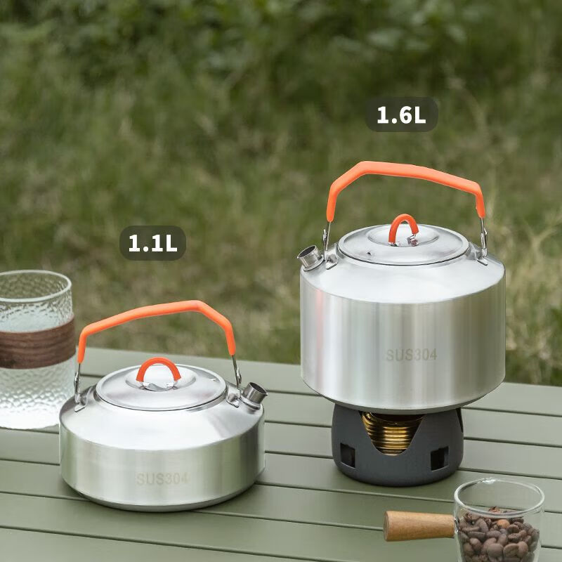 HKNA outdoor kettle 304 stainless steel kettle camping teapot hand brewed coffee pot portable outdoor kettle without mesh bag 1.1 liter 304 stainless steel kettle 1ml