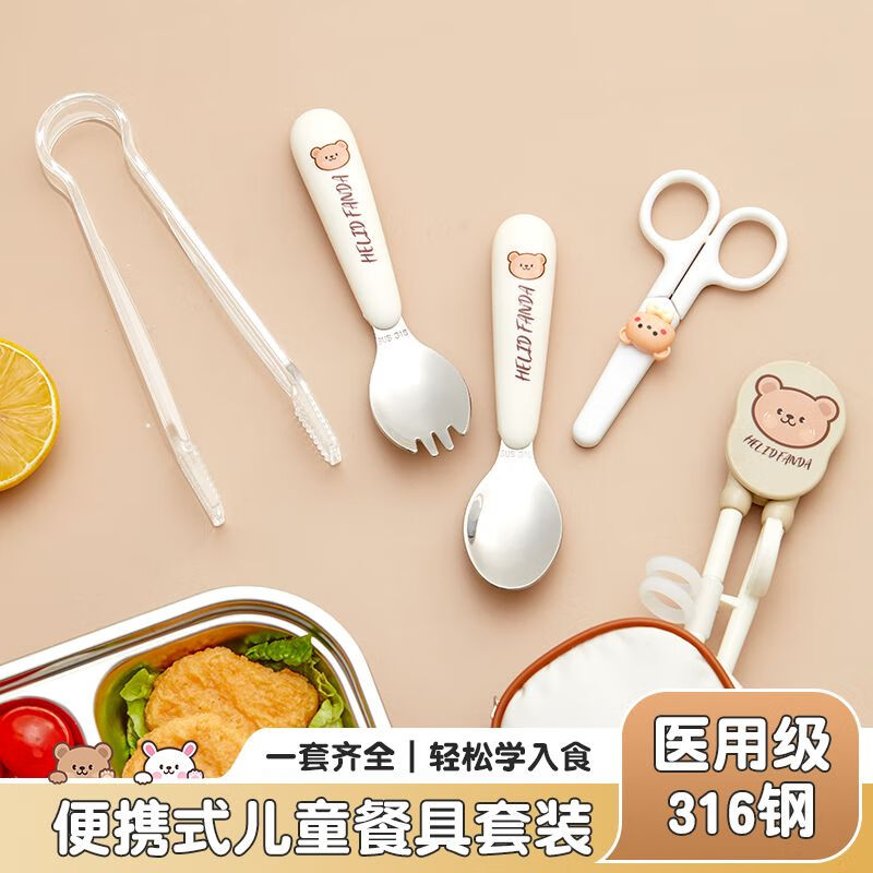 WORTHBUY 316 stainless steel cartoon tableware set for children, portable eating spoon, baby learning food supplement set, food grade He He Xiong - Yuanbao spoon and fork + chopsticks + scissors + food supplement clip + cutlery bag No specifications