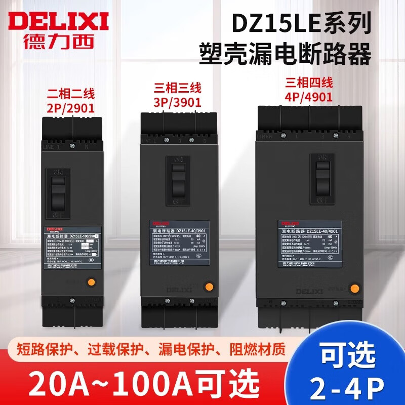 Delixi plastic case circuit breaker DZ15LE three-phase four-wire leakage protection switch DZ15 circuit breaker protector DZ15LE leakage protection 2P 100A