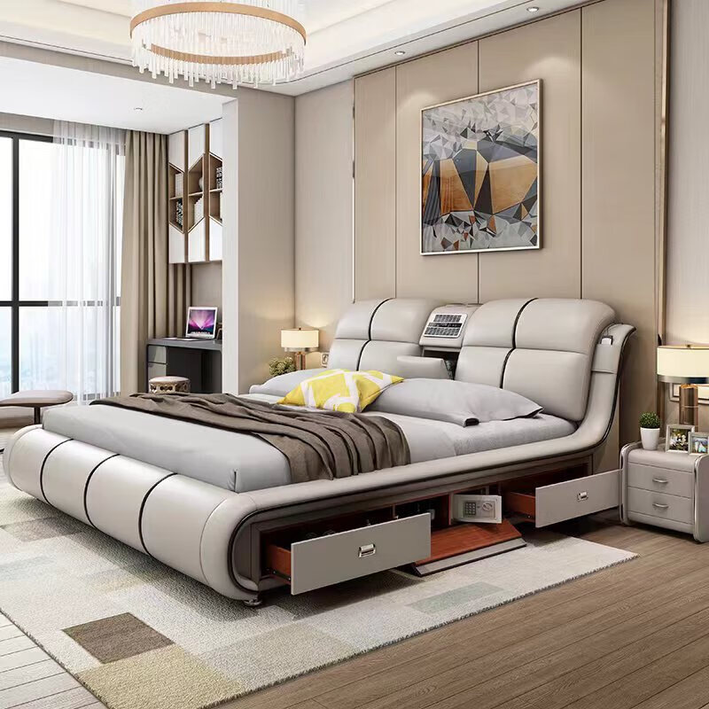He Jiagong Leather Bed Multifunctional Electric Massage High Box Storage Double King Bed Master Bedroom Luxurious Soft Cover Wedding Bed Tatami Low Version Single Bed Without Mattress Bedside Table (Reactive 1500mm*2000mm Bracket Structure
