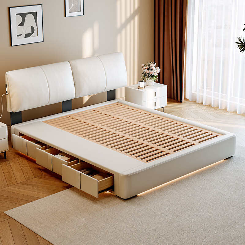 Dongxiong ultra-thin bedside side-opening storage three-drawer bed small apartment space-saving box with flush elephant ear leather bed first layer cowhide bed/full solid wood beech wood rib frame 1500mm*2000mm box side-opening three drawers