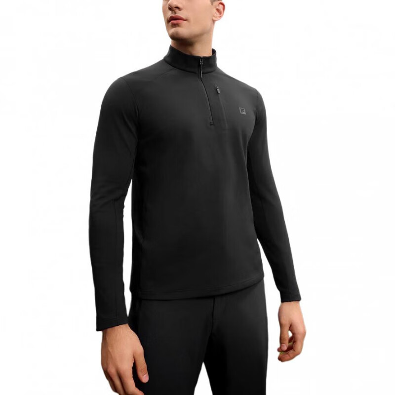 Fila EXPLORER SS25 Men's Outdoor Series Solid Color Lightweight Breathable Stand Collar Comfortable Long Sleeve T-Shirt Men's Dark Black-BK M (170/92A)