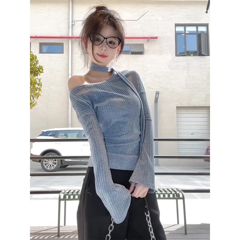 Fu Jian autumn and winter new product 2025 unique chic slanted shoulder slim design t-shirt top with ribbon inside long-sleeved bottoming shirt blue M