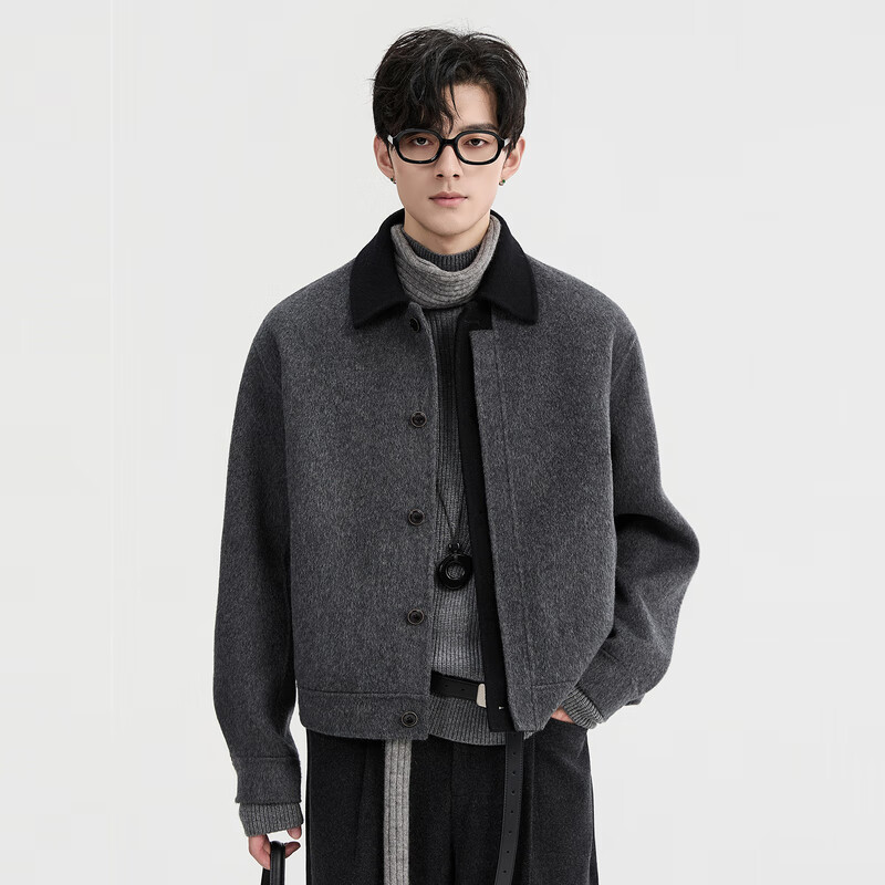 Earl Zall Goose Down Lined Full Wool Contrast Color Winter High-Quality Double-sided Woolen Jacket Men's Short Woolen Jacket