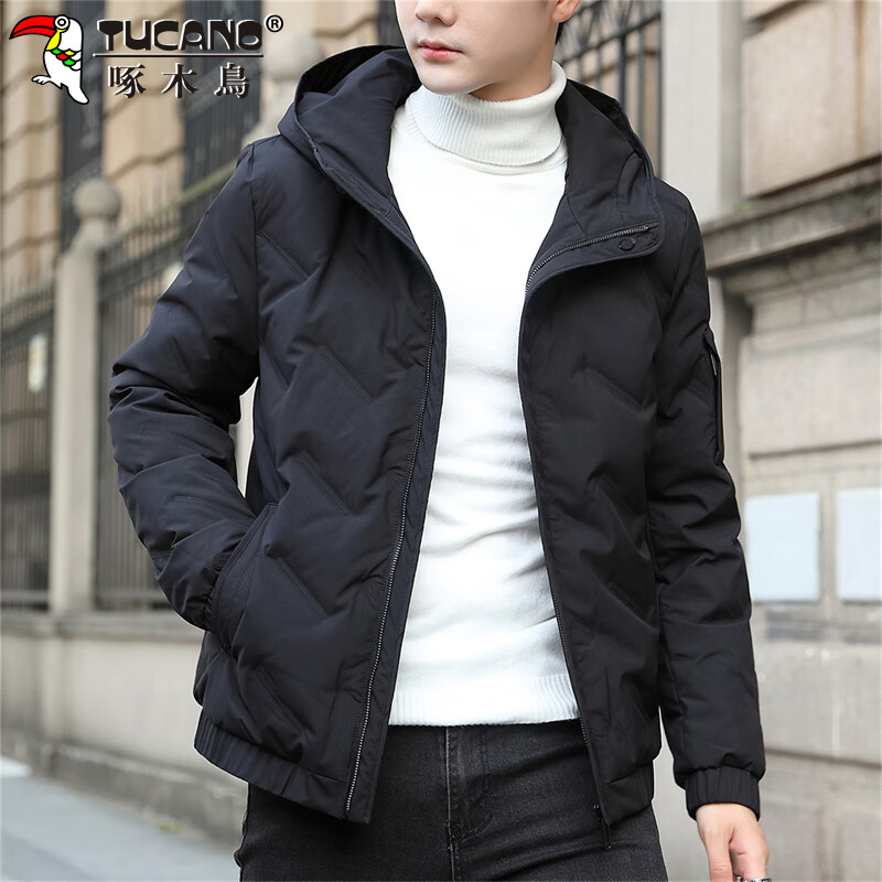 Woodpecker (TUCANO) down jacket men's winter hooded loose trendy short cold-proof warm casual jacket black XL