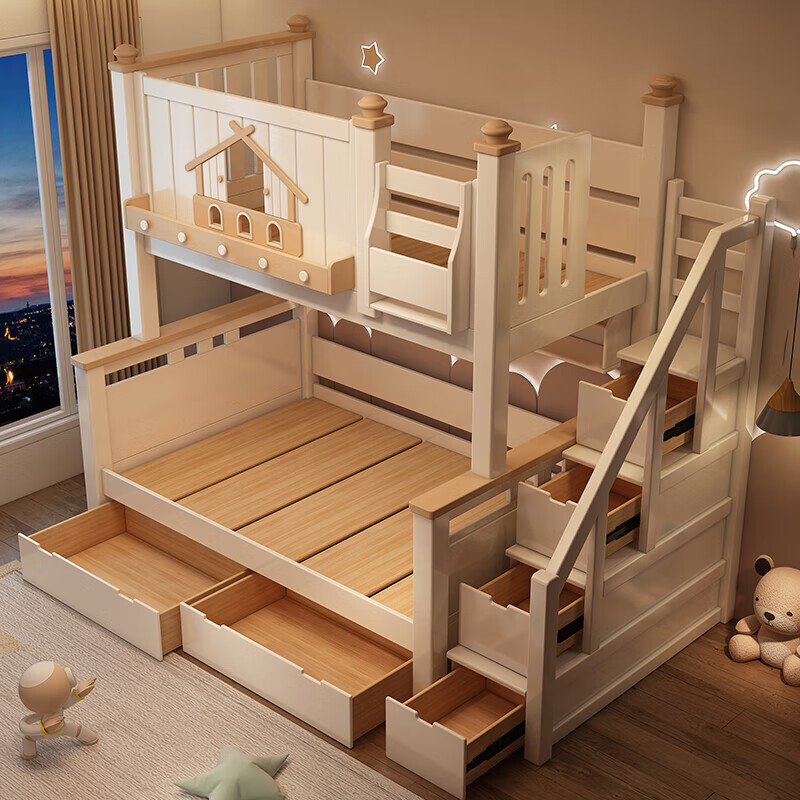 Fenlis all solid wood bed and bunk bed, children's bed, high and low beds do not interfere with each other, double bed and double bed with high guardrails, high and low bed + bookshelf + double drawers + ladder cabinet, bottom bunk 1.5*1.9 meters, upper bunk 1.2*1.9 meters