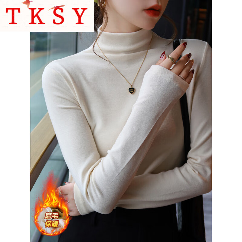 TKSY bottoming shirt for women 2025 new black half-high collar can be worn outside autumn and winter dark gray mid-collar long-sleeved top Almond rice upgraded brushed / style thickened S