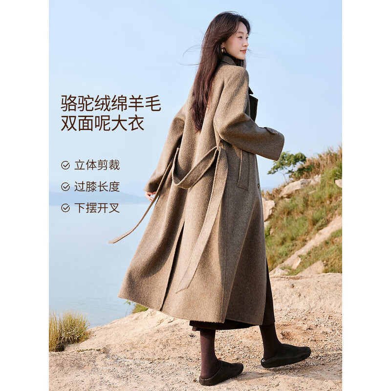 Mohan Yimei casual handmade wool double-sided woolen coat containing camel hair 25 winter long lace-up woolen coat