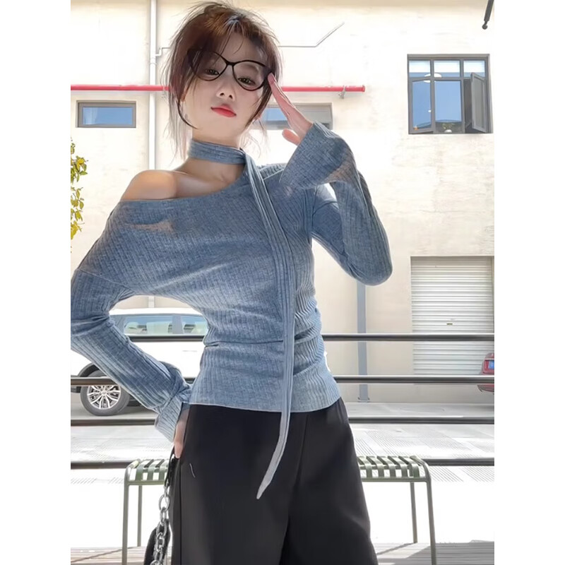 Fu Jian autumn and winter new product 2025 unique chic slanted shoulder slim design t-shirt top with ribbon inside long-sleeved bottoming shirt blue M