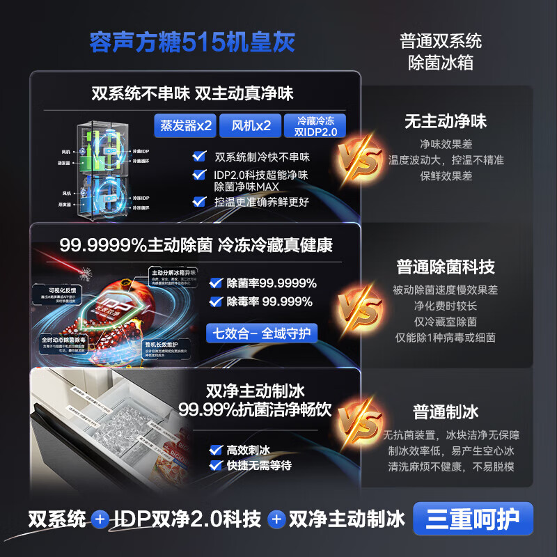 Rongsheng Cube 515 Machine Emperor active odor purification dual system French multi-door four-door thin embedded refrigerator active ice making BCD-515P60FZNAD gray