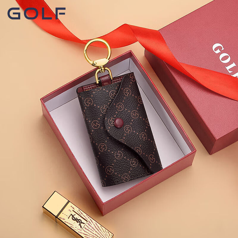 Ye Yu Golf GOLF key bag for women, fashion printed card bag, multi-functional anti-theft coin purse, key chain gift box, smoke pink with apricot color